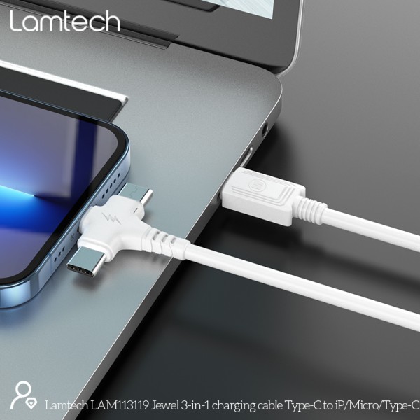 LAMTECH 3 IN 1 CHARGING TYPE-C CABLE TO TYPE-C/LIGHTNING/MICRO USB 1M WHITE