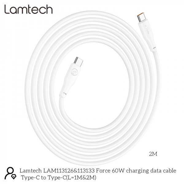 LAMTECH CHARGE AND DATA CABLE TYPE-C TO TYPE-C 60W 2M WHITE