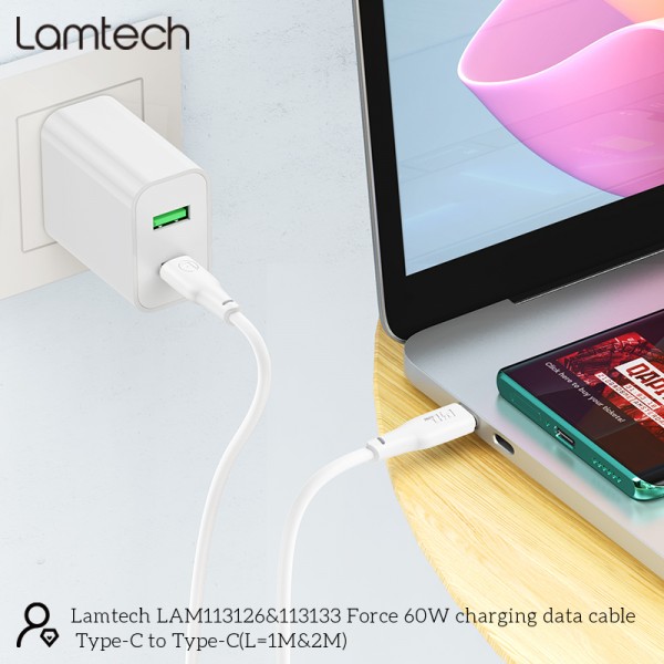 LAMTECH CHARGE AND DATA CABLE TYPE-C TO TYPE-C 60W 2M WHITE