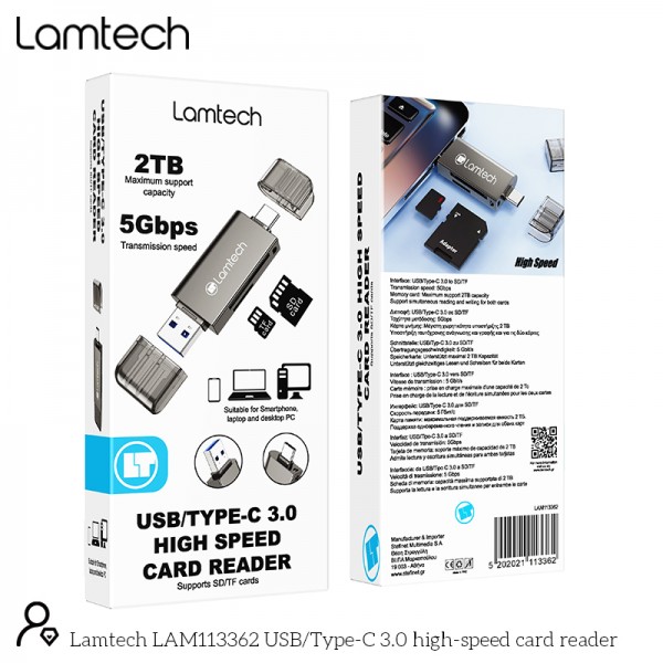 LAMTECH USB/TYPE-C 3.0 HIGH SPEED CARD READER METAL GREY