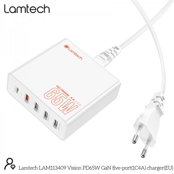 LAMTECH GAN FAST CHARGER 1xTYPE-C & 4xQC3.0 65W & EU CABLE 1.5M