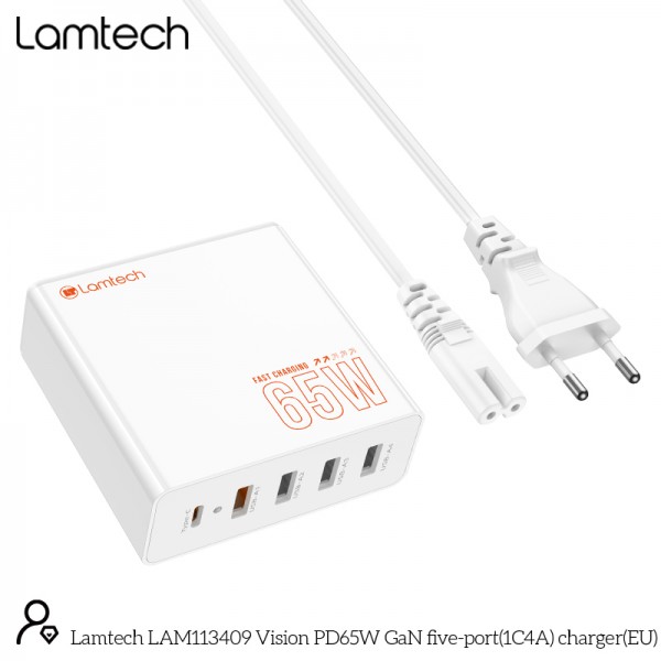 LAMTECH GAN FAST CHARGER 1xTYPE-C & 4xQC3.0 65W & EU CABLE 1.5M