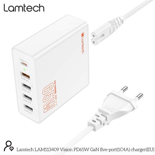 LAMTECH GAN FAST CHARGER 1xTYPE-C & 4xQC3.0 65W & EU CABLE 1.5M