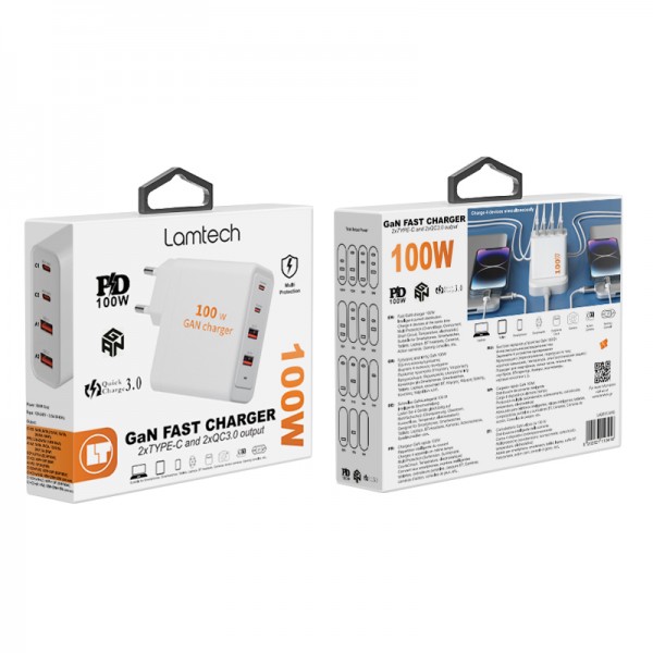 LAMTECH GaN FAST CHARGER 2xTYPE-C & 2xQC3.0 OUTPUT 100W