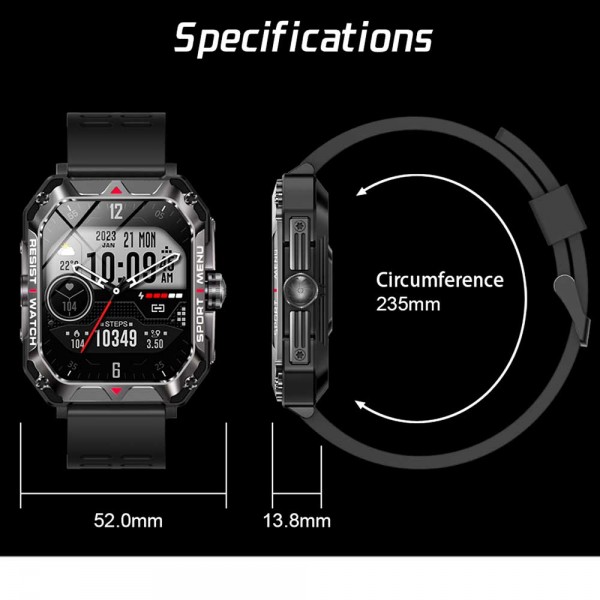 LAMTECH SPORT WATCH BT5.1 WITH HEALTH SENSOR & SPORT TRACKING SQUARE TFT 2.02' DISPLAY BLACK