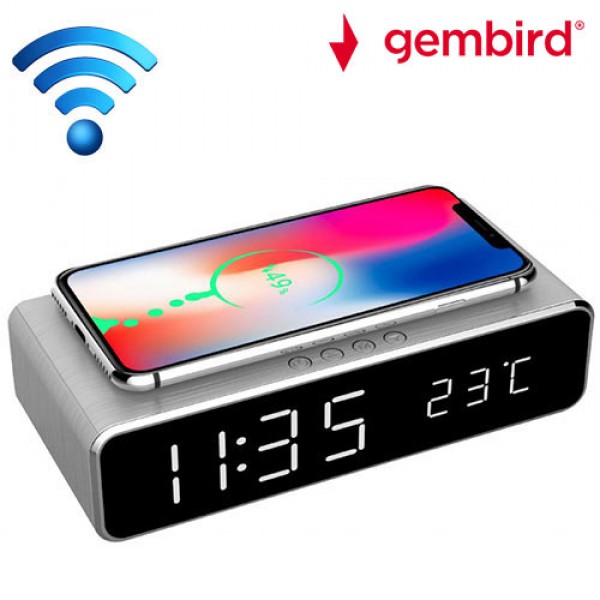 GEMBIRD DIGITAL ALARM CLOCK WITH WIRELESS CHARGING FUNCTION SILVER