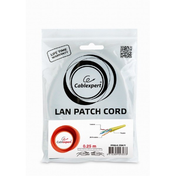 CABLEXPERT UTP CAT6 PATCH CORD 0,25M YELLOW