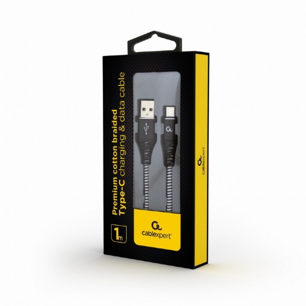 CABLEXPERT PREMIUM COTTON BRAIDED TYPE-C USB CHARGING AND DATA CABLE 1M BLACK/WHITE RETAIL PACK