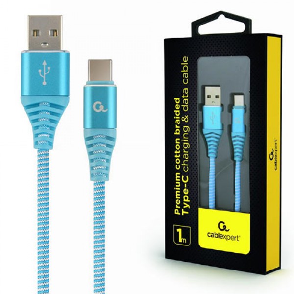 CABLEXPERT PREMIUM COTTON BRAIDED TYPE-C USB CHARGING AND DATA CABLE 1M TURQUOISE/WHITE RETAIL PACK