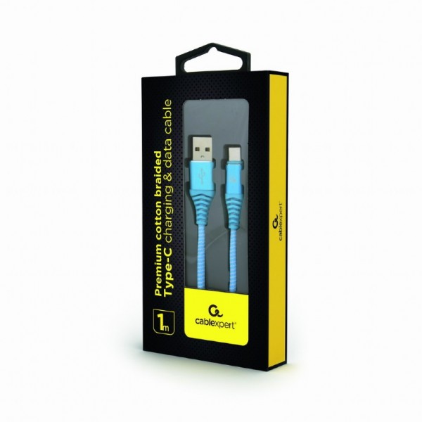 CABLEXPERT PREMIUM COTTON BRAIDED TYPE-C USB CHARGING AND DATA CABLE 1M TURQUOISE/WHITE RETAIL PACK