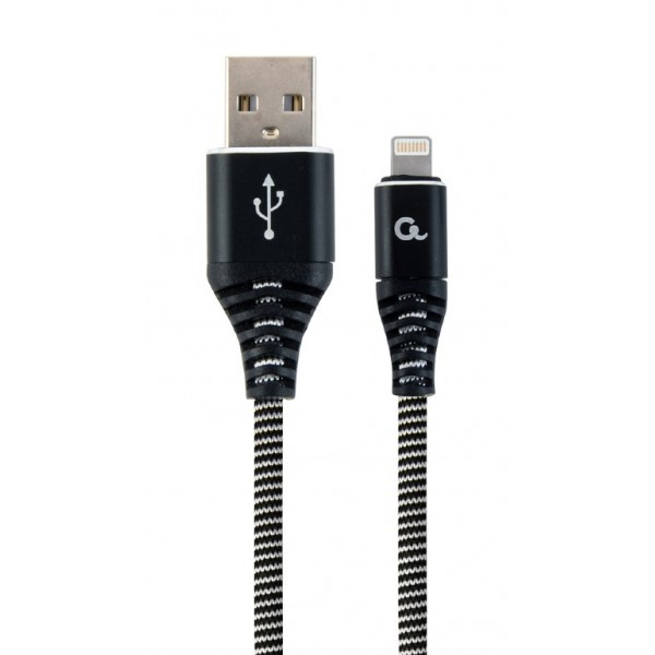 CABLEXPERT PREMIUM COTTON BRAIDED LIGHTNING CHARGING AND DATA CABLE 1M BLACK/WHITE RETAIL PACK