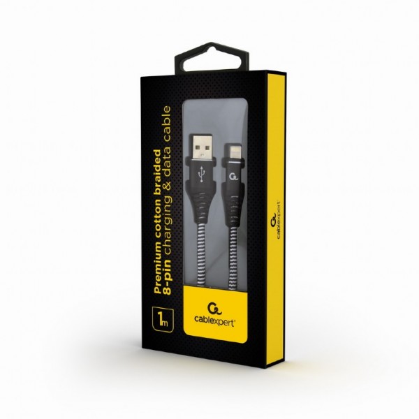 CABLEXPERT PREMIUM COTTON BRAIDED LIGHTNING CHARGING AND DATA CABLE 1M BLACK/WHITE RETAIL PACK