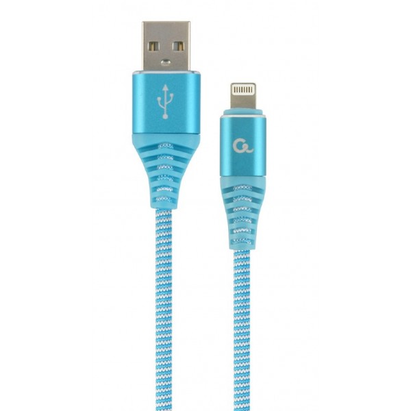 CABLEXPERT PREMIUM COTTON BRAIDED LIGHTNING CHARGING AND DATA CABLE 1M TURQUOISE/WHITE RETAIL PACK