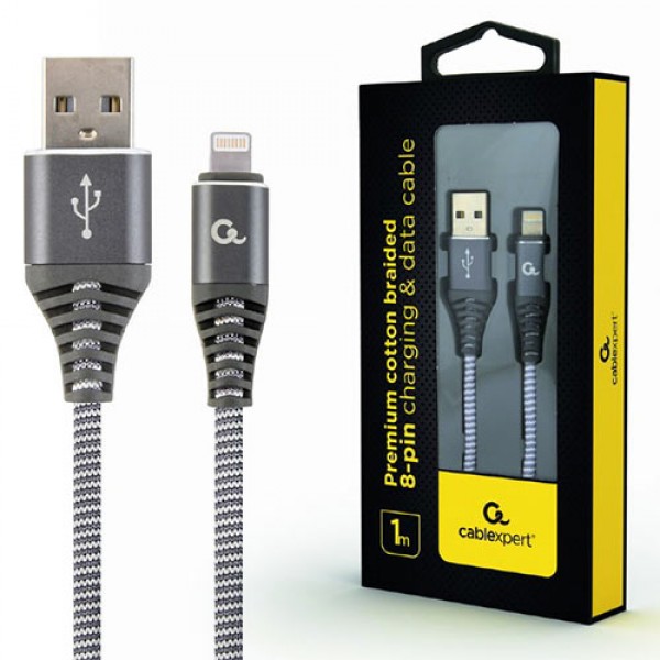 CABLEXPERT PREMIUM COTTON BRAIDED LIGHTNING CHARGING AND DATA CABLE 1M SPACEGREY/WHITE RETAIL PACK