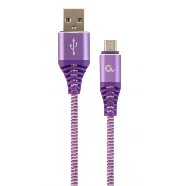 CABLEXPERT PREMIUM COTTON BRAIDED MICRO-USB CHARGING AND DATA CABLE 1M PURPLE/WHITE RETAIL PACK