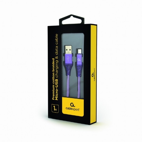 CABLEXPERT PREMIUM COTTON BRAIDED MICRO-USB CHARGING AND DATA CABLE 1M PURPLE/WHITE RETAIL PACK