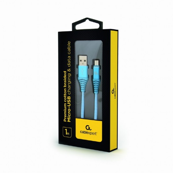 CABLEXPERT PREMIUM COTTON BRAIDED MICRO-USB CHARGING AND DATA CABLE 1M TURQOUISE/WHITE RETAIL PACK