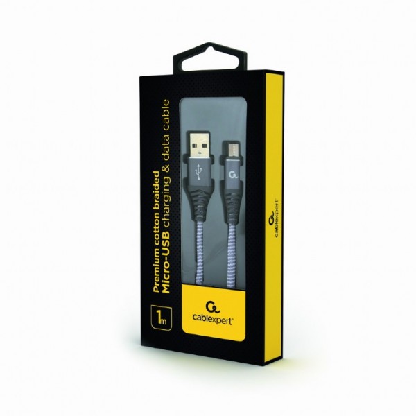 CABLEXPERT PREMIUM COTTON BRAIDED MICRO-USB CHARGING AND DATA CABLE 1M SPACEGREY/WHITE RETAIL PACK