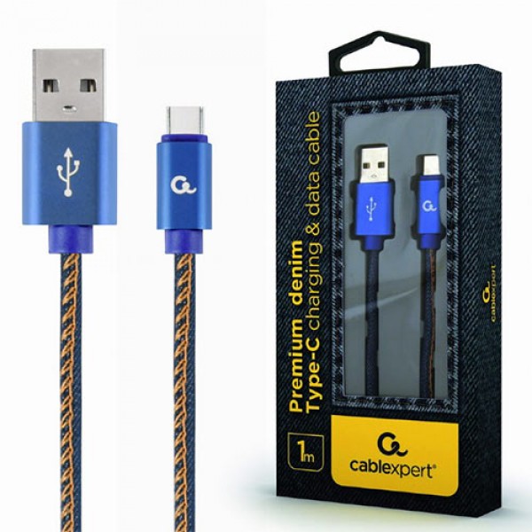 CABLEXPERT PREMIUM JEANS (denim) TYPE-C USB CABLE WITH METAL CONNECTORS 1M BLUE RETAIL PACK