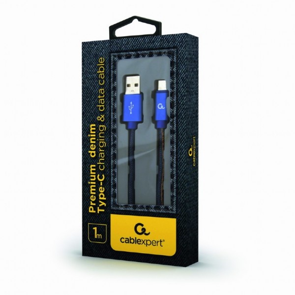 CABLEXPERT PREMIUM JEANS (denim) TYPE-C USB CABLE WITH METAL CONNECTORS 1M BLUE RETAIL PACK