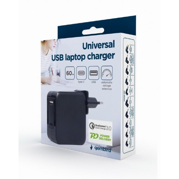 GEMBIRD UNIVERSAL 60W USB TYPE-C PD LAPTOP CHARGER 10 TIPS