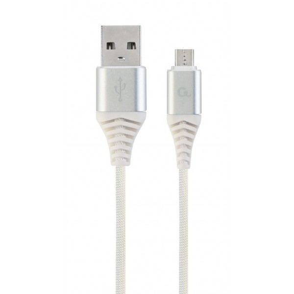 CABLEXPERT PREMIUM COTTON BRAIDED MICRO-USB CHARGING AND DATA CABLE 1M SILVER/WHITE RETAIL PACK