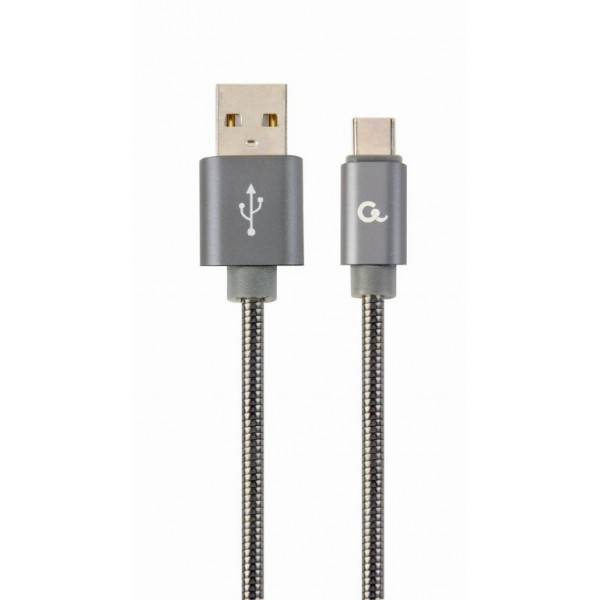 CABLEXPERT PREMIUM SPIRAL METAL TYPE-C USB CHARGING AND DATA CABLE 1M METALLIC GREY RETAIL PACK