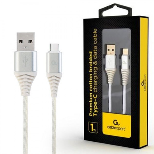 CABLEXPERT PREMIUM COTTON BRAIDED TYPE-C USB CHARGING AND DATA CABLE 1M SILVER/WHITE RETAIL PACK