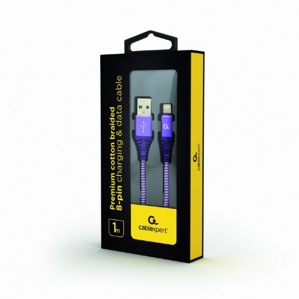 CABLEXPERT PREMIUM COTTON BRAIDED LIGHTNING CHARGING AND DATA CABLE 1M PURPLE/WHITE RETAIL PACK