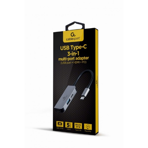 CABLEXPERT USB TYPE-C 3IN1 MULTI-PORT ADAPTER (USB PORT+HDMI+PD) SILVER