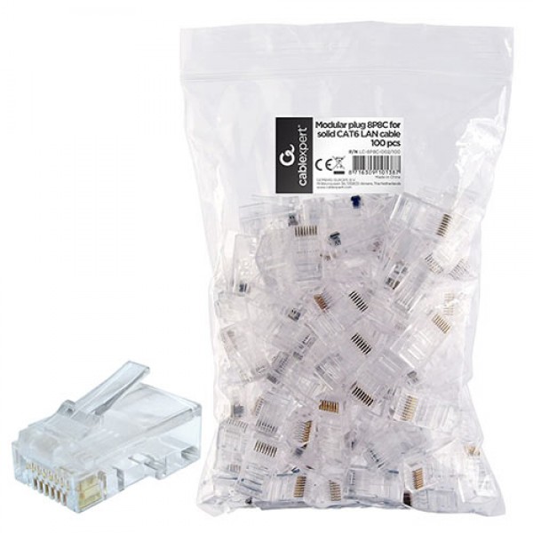 CABLEXPERT MODULAR PLUG 8P8C FOR SOLID CAT6 LAN CABLE 100PCS/BAG