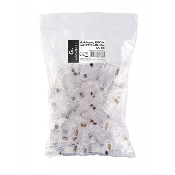 CABLEXPERT MODULAR PLUG 8P8C FOR SOLID CAT6 LAN CABLE 100PCS/BAG