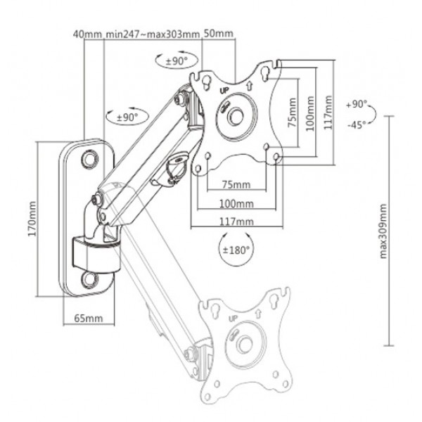 GEMBIRD ADJUSTABLE WALL DISCPLAY MOUNTING ARM UP TO 27'/7KG