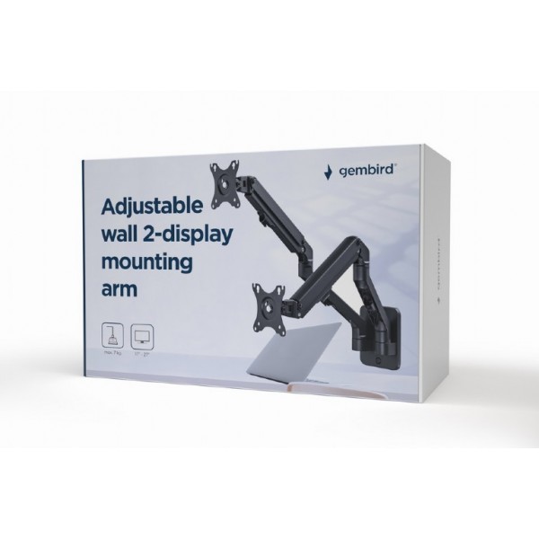 GEMBIRD ADJUSTABLE WALL 2-DISPLAY MOUNTING ARM 17'-27', UP TO 7KG