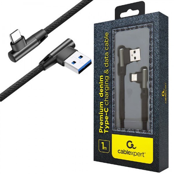 CABLEXPERT PREMIUM JEANS (denim) TYPE-C USB CABLE WITH METAL CONNECTORS 1M BLACK ANGLED RETAIL PACK