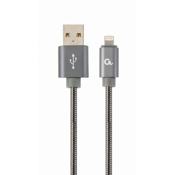 CABLEXPERT PREMIUM SPIRAL METAL 8-PIN CHARGING AND DATA CABLE 1M METALLIC GREY RETAIL PACK