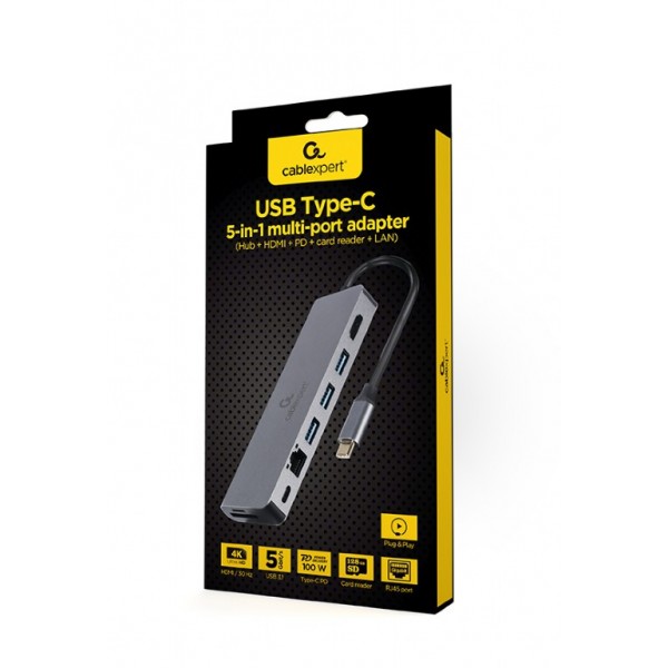 CABLEXPERT USB TYPE-C 5IN1 MULTIPORT ADAPTER (HUB+HDMI+PD-CARD READER+LAN)