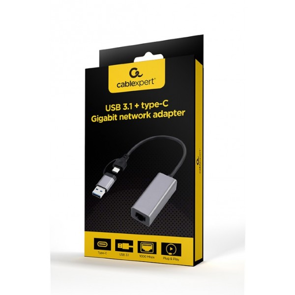 CABLEXPERT USB3.1+TYPEC GIGABIT NETWORK ADAPTER SPACE GREY