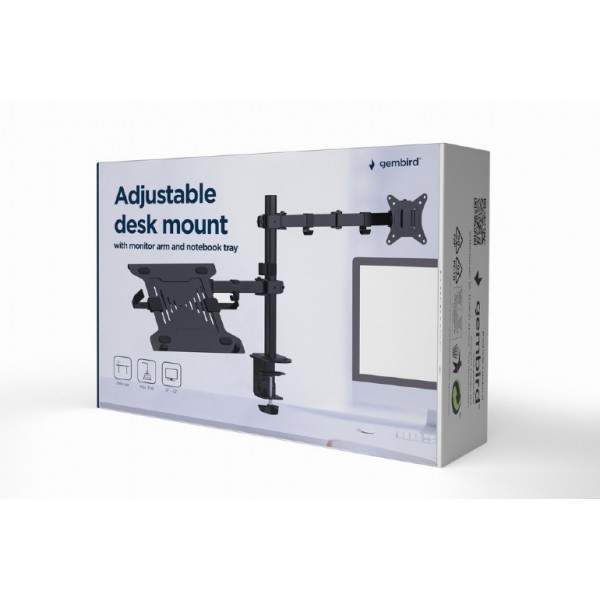 GEMBIRD ADJUSTABLE DESK MOUNT WITH MONITOR ARM AND NOTEBOOK TRAY