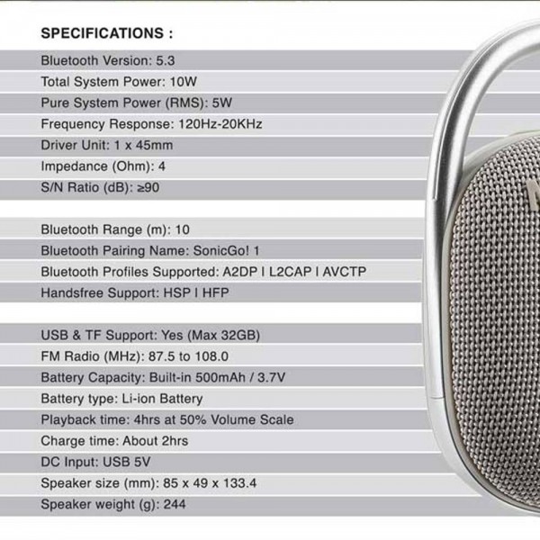 SONIC GEAR BT5.3 PORTABLE WIRELESS SPEAKER WITH FM GREY