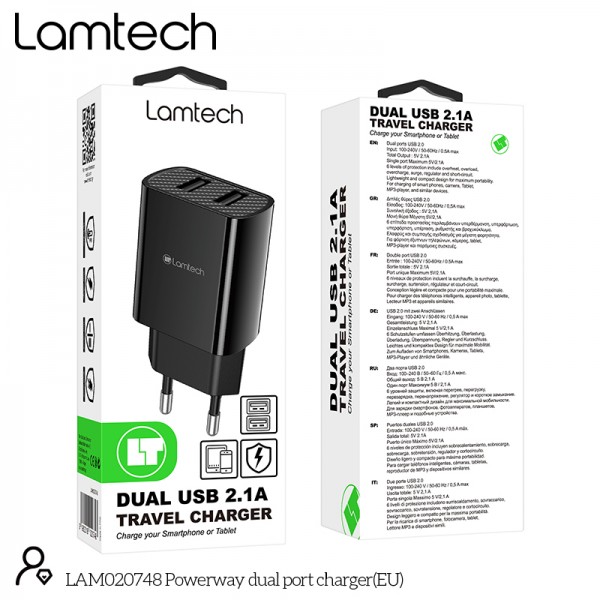 LAMTECH TRAVEL WALL CHARGER 2.1A WITH 2xUSB BLACK