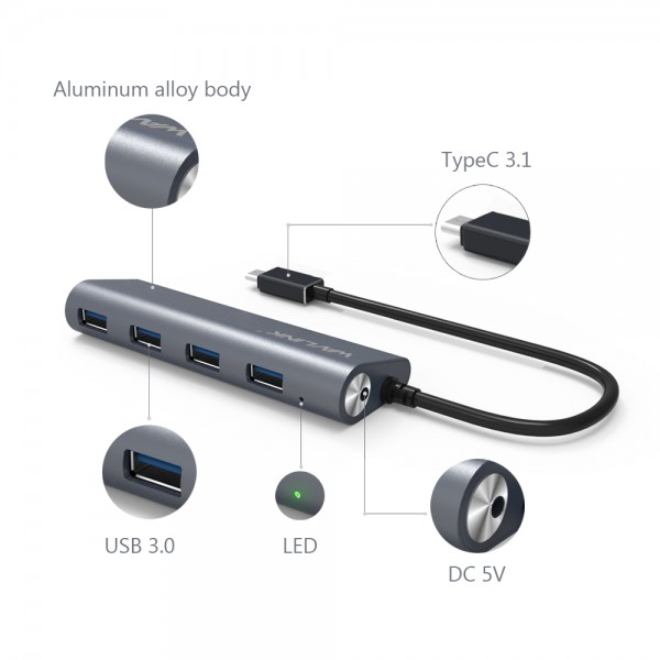 WAVLINK SUPERSPEED USB-C TO USB 3.0 4-PORT ALUMINUM HUB