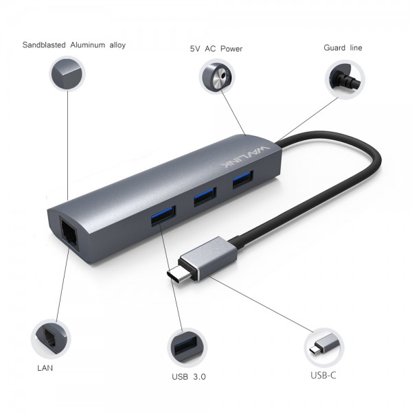 WAVLINK SUPERSPEED USB-C 4-PORT HUB WITH GIGABIT ETHERNET