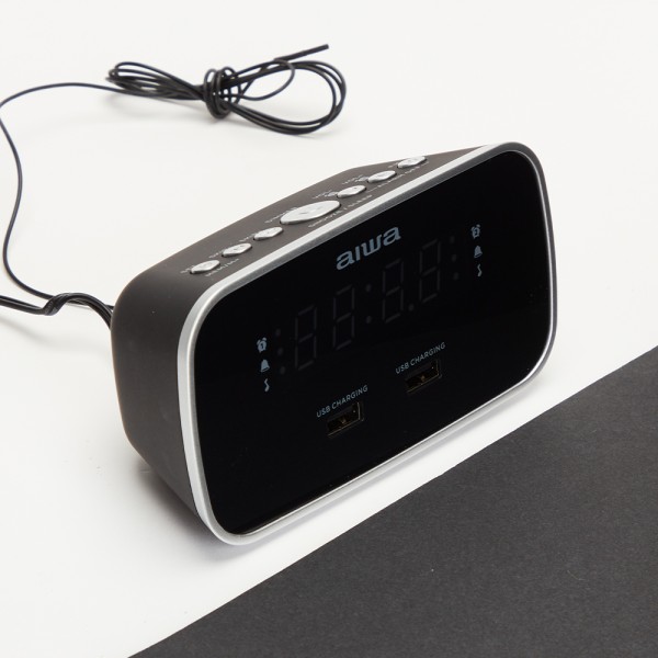 AIWA DUAL ALARM CLOCK RADIO WITH 2 CHARGING USB PORTS BLACK