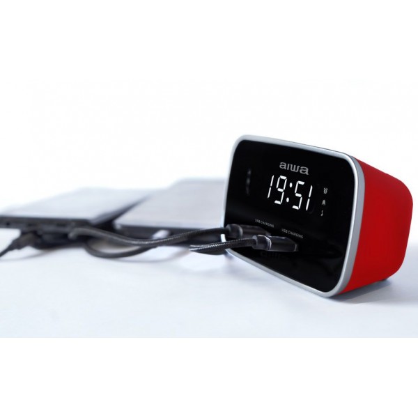 AIWA DUAL ALARM CLOCK RADIO WITH 2 CHARGING USB PORTS RED