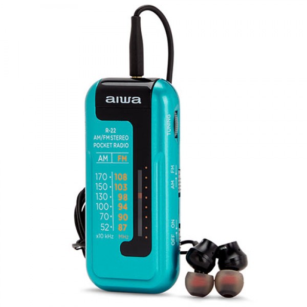 AIWA MINI POCKET RADIO WITH EARPHONES TURQUOISE