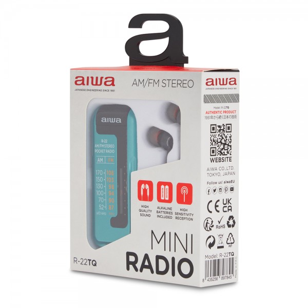 AIWA MINI POCKET RADIO WITH EARPHONES TURQUOISE