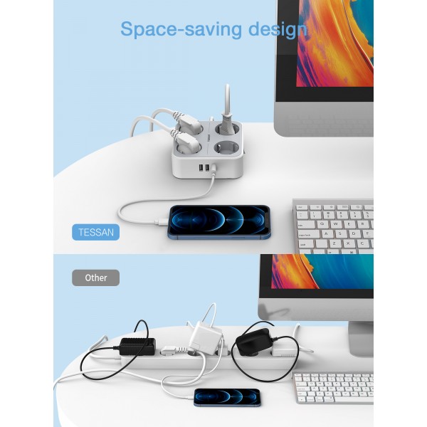 TESSAN 7 IN 1 POWER STRIP 4xSCHUKO, 2xUSB, 1xTYPE-C, 2M CABLE