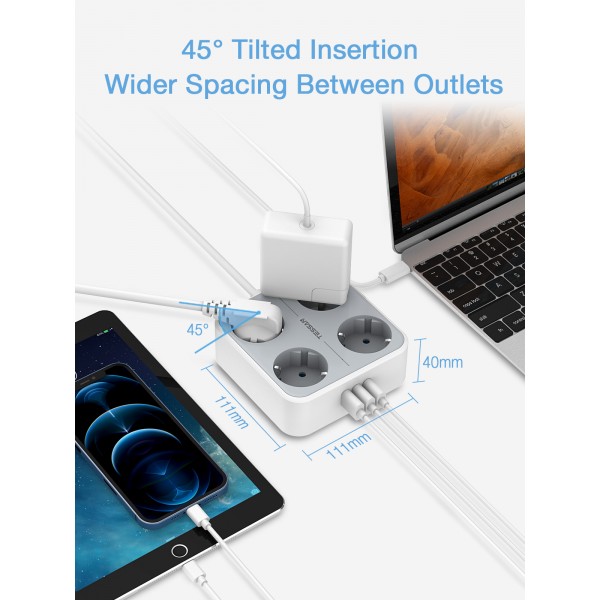 TESSAN 7 IN 1 POWER STRIP 4xSCHUKO, 2xUSB, 1xTYPE-C, 2M CABLE