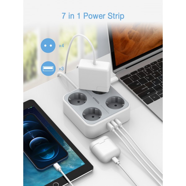 TESSAN 7 IN 1 POWER STRIP 4xSCHUKO, 2xUSB, 1xTYPE-C, 2M CABLE